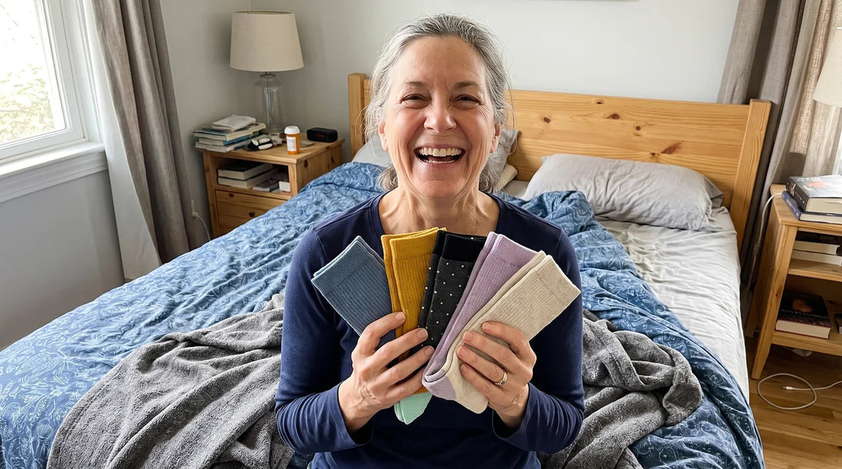 Woman in compression socks relaxing on a sofa