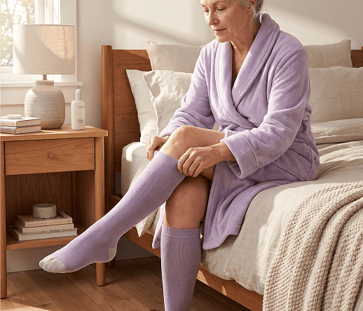 Woman sitting on a bed pulling on a lavender compression sock