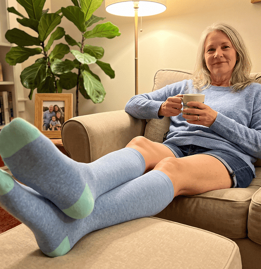 Woman relaxing in a chair with a cup of coffee, wearing pale blue compression socks