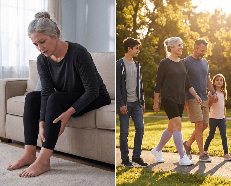 Woman sitting on a couch rubbing her leg, next to a family walking together outdoors
